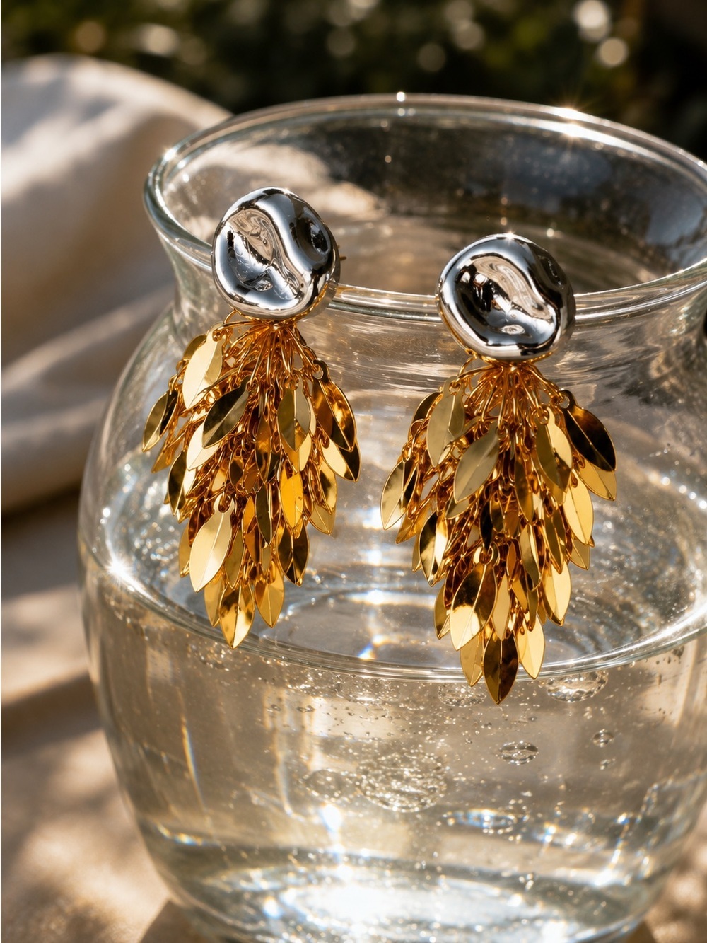 Gold and Silver Leaf Cluster Drop Earrings - Picture 11 of 11